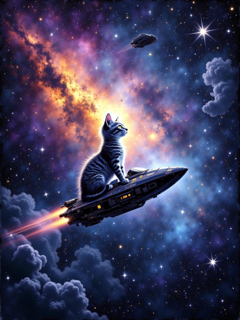 Ancient Gold Cosmic Spaceship with Feline Companions in Nebu...