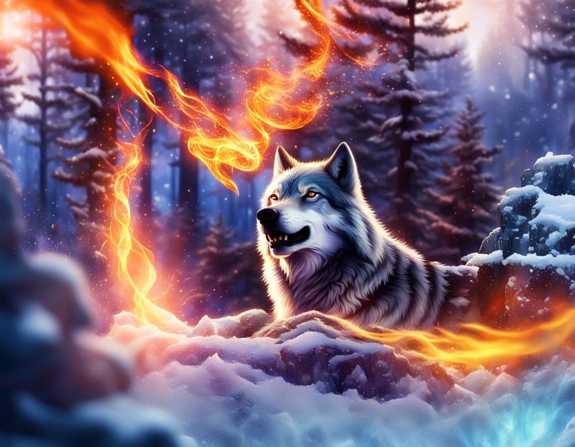 Mystical Fire and Ice Wolf in Fantasy Forest