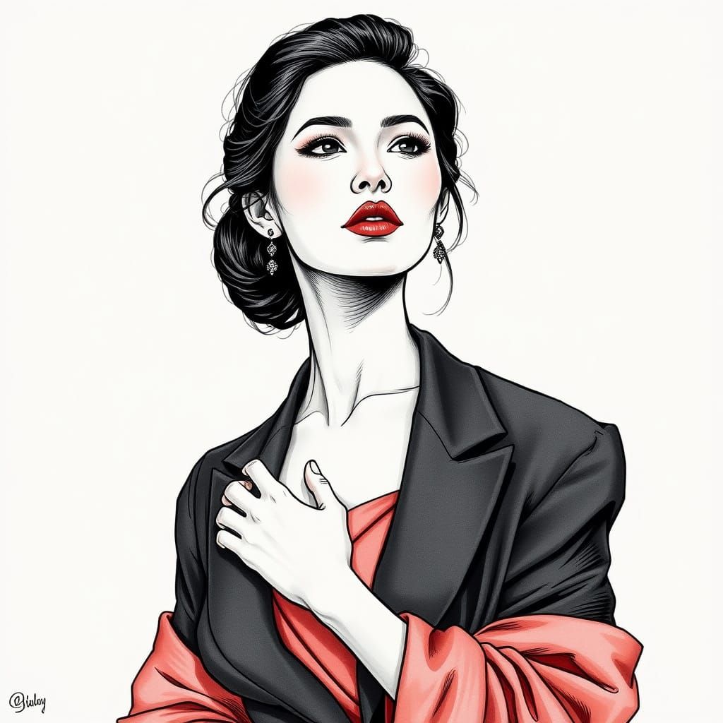 Elegant Woman Posing: Ink Style Portrait