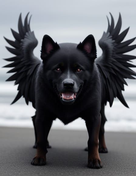 Surreal Hybrid of Angel, Devil, Human, and Dog