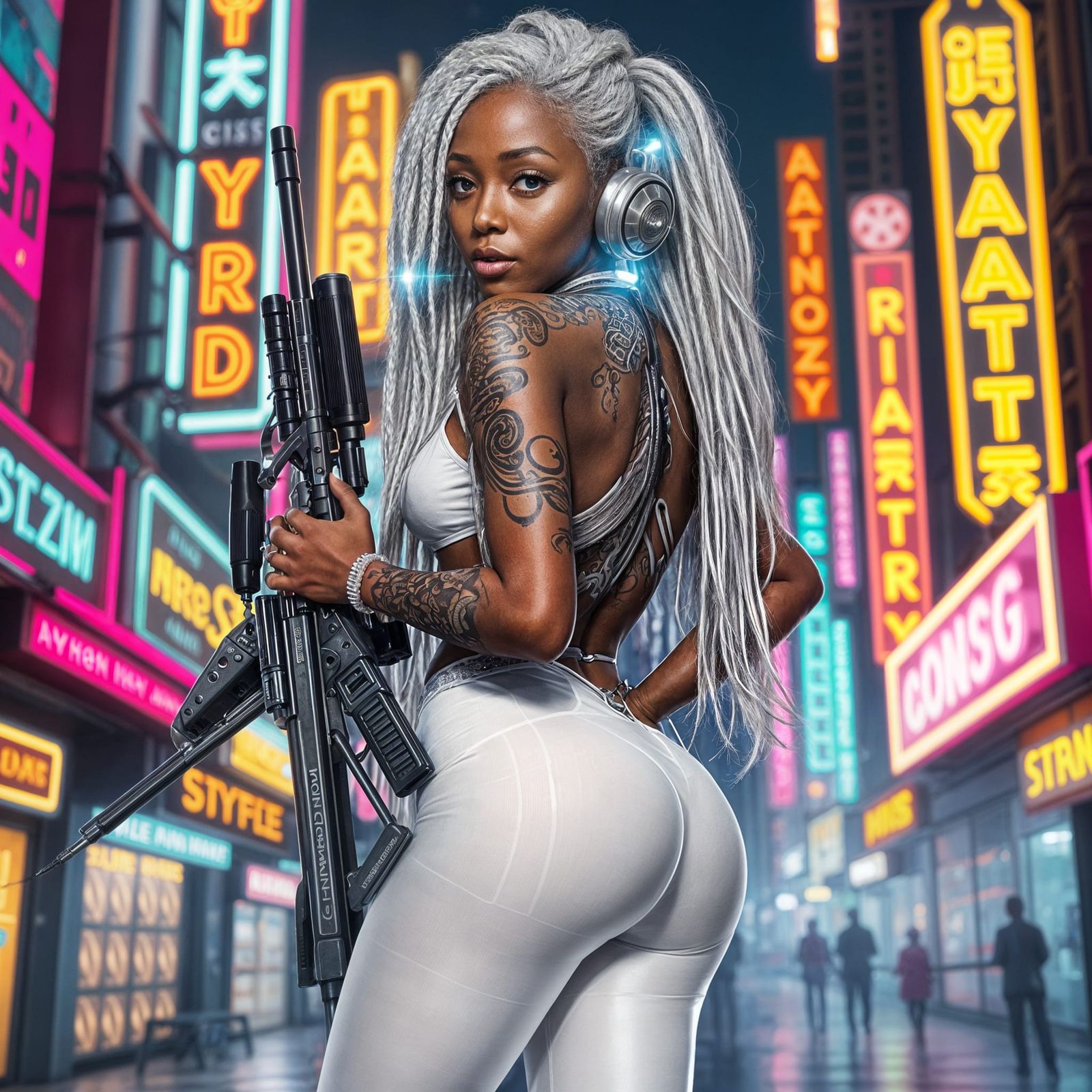 Cyberpunk Sniper in Neon Cityscape