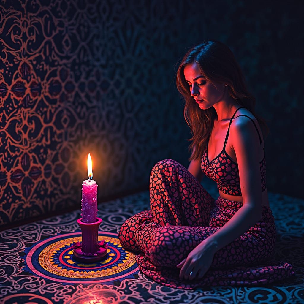 Psychedelic Candle in Dark Room: Surreal Dreamscape