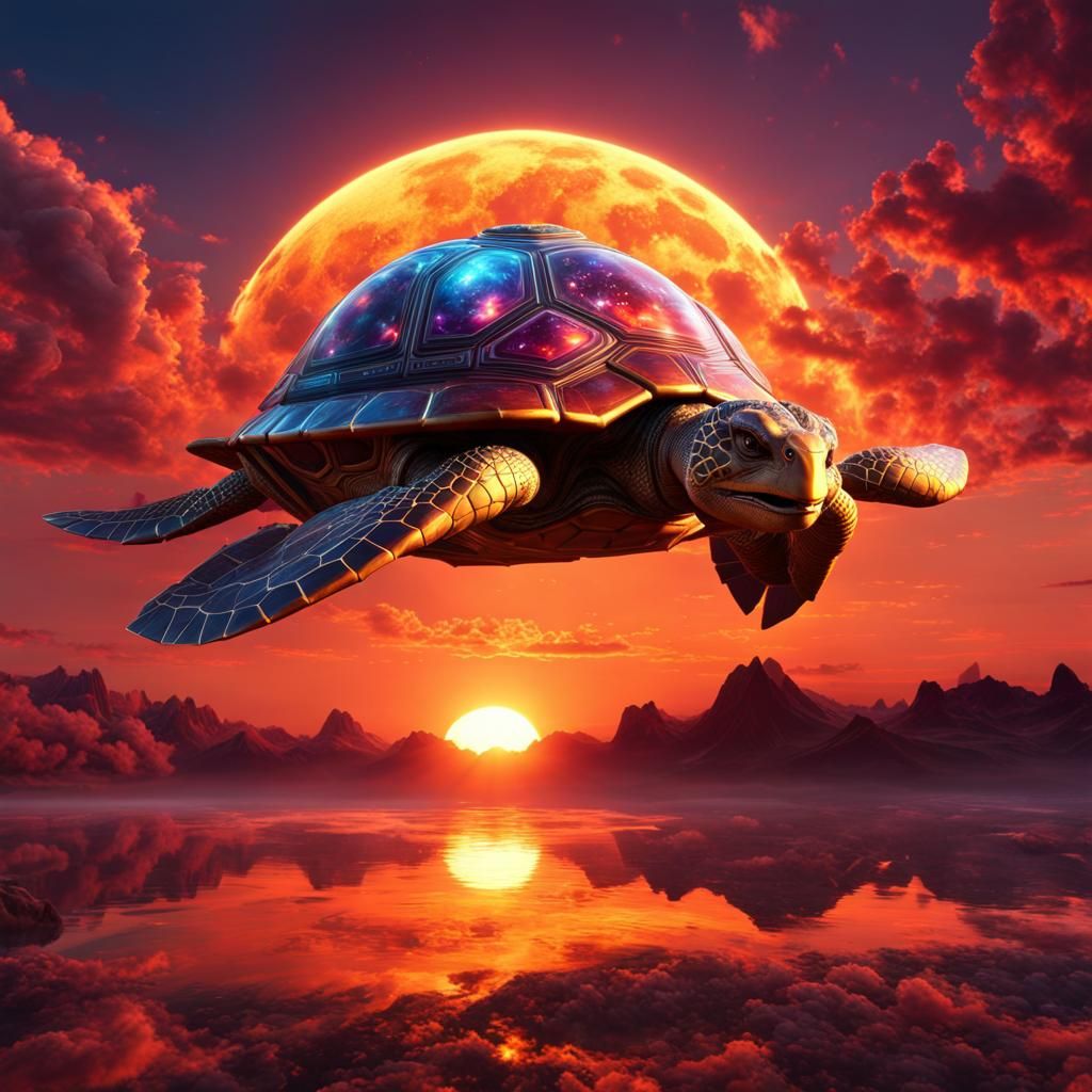 Flying Space Turtle at Sunset in 8k Resolution