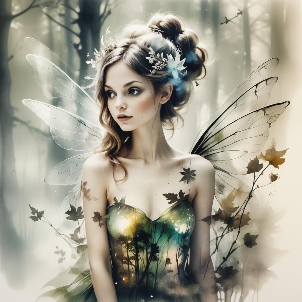 Enchanting Fairy Double Exposure in Ink Painting Style