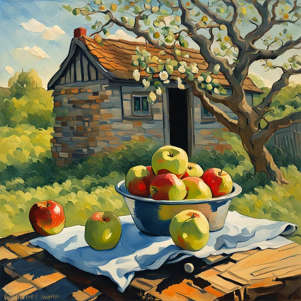 Bramley Apple Still Life in Impasto Gouache Style