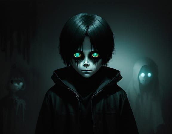 Eerie Concept Art: Boy Doll with Spectral Ghosts