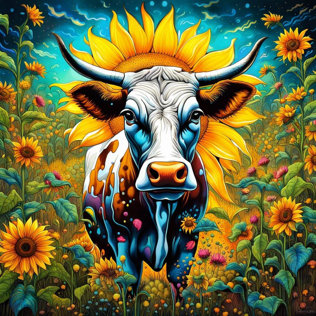 Cow in Enchanted Sunflower Field: Graffiti Art