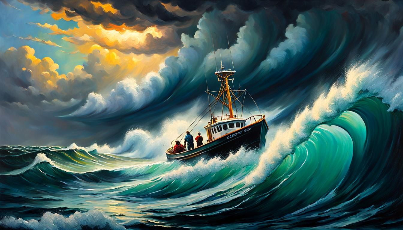 Fisherman and Approaching Wave in Expressive Oil Painting