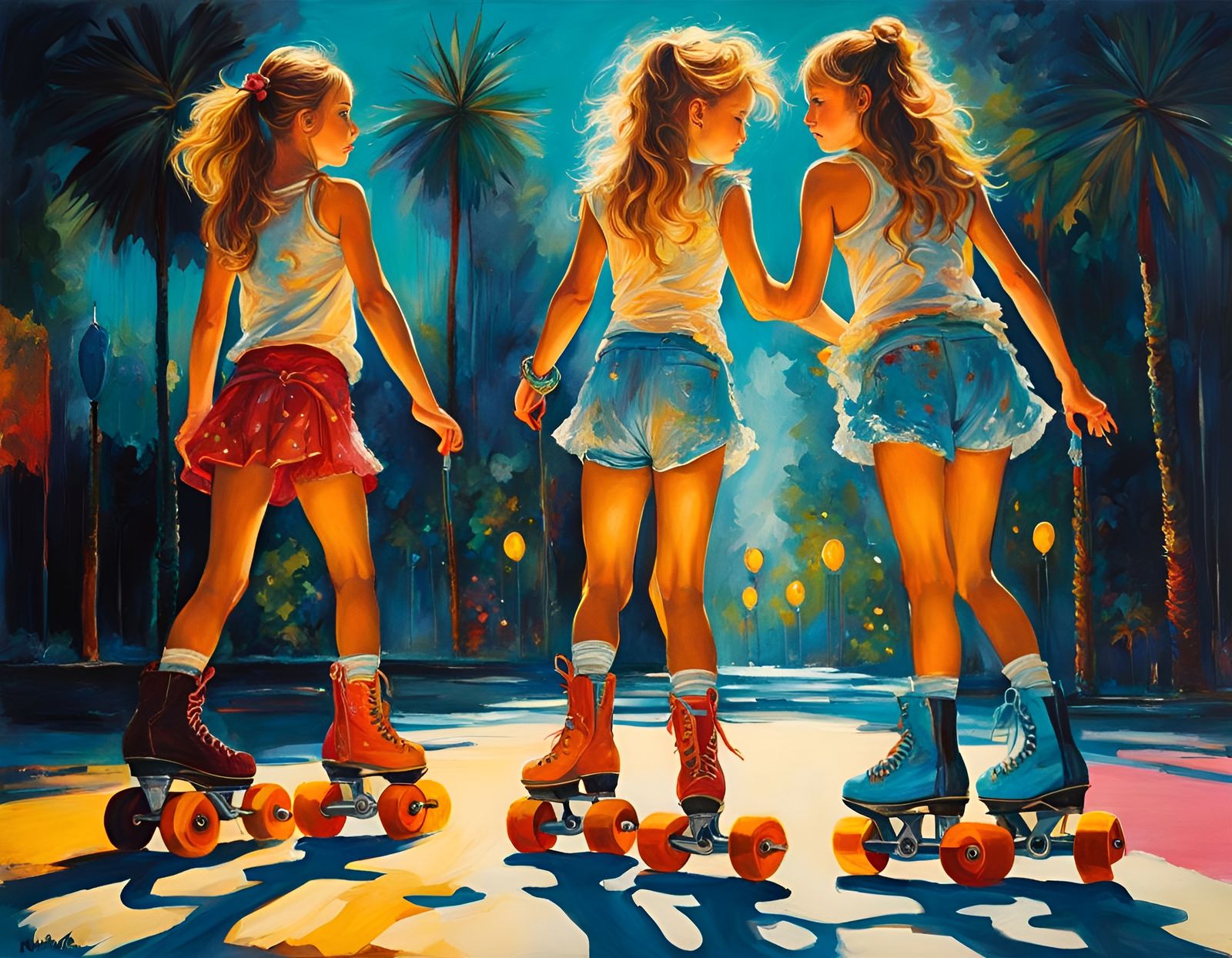 Girls on Roller Skates in 1950s Oil Painting Style