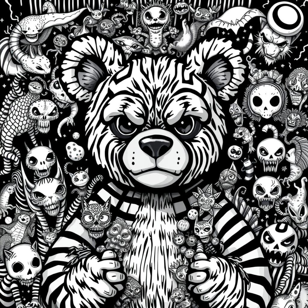 Surreal Teddy Bear in a Trippy Dream World of Black and Whit...