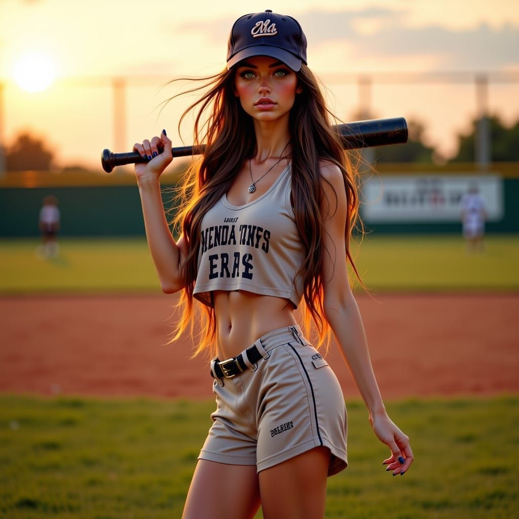Confident Female Baseball Player in Sunset Glow