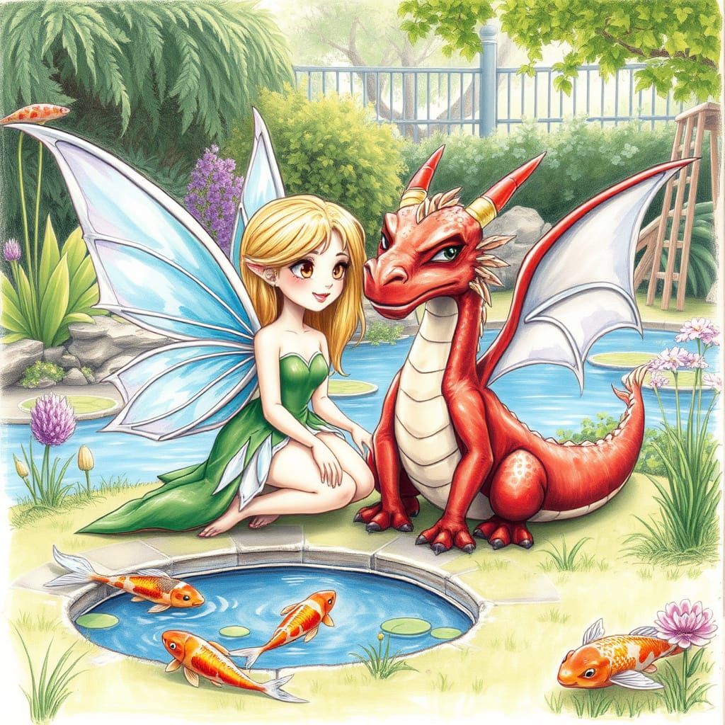 Fairy and Dragon in Garden: 2D Cartoon Art