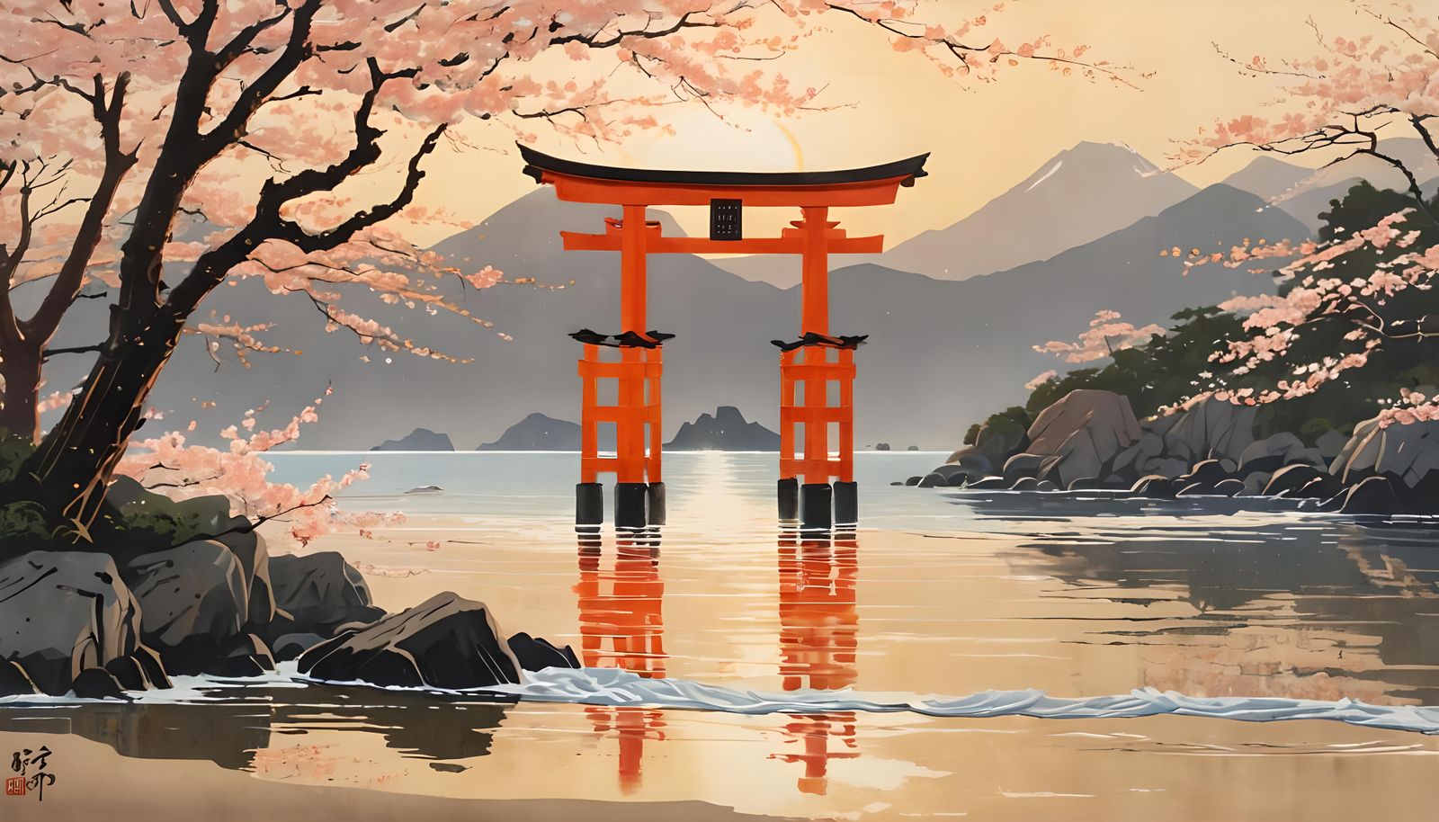 Japanese Beach Sunset in Ukiyo-e Style