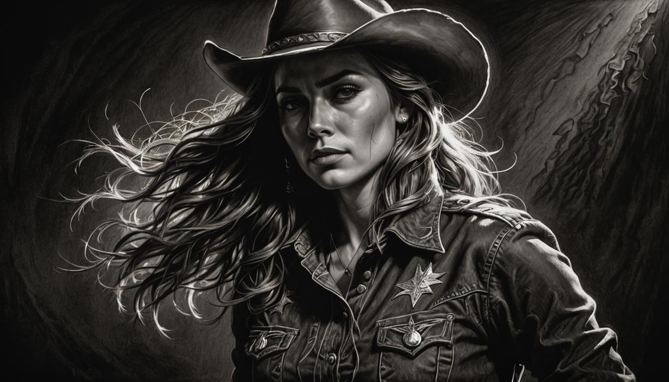 Detailed Carbon Chalk Drawing of a Cowgirl