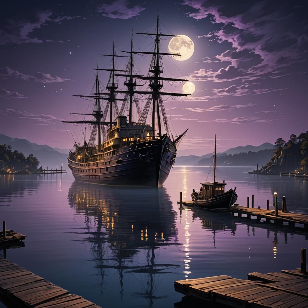 Moonlit Ship in Bay: Fantasy Matte Painting