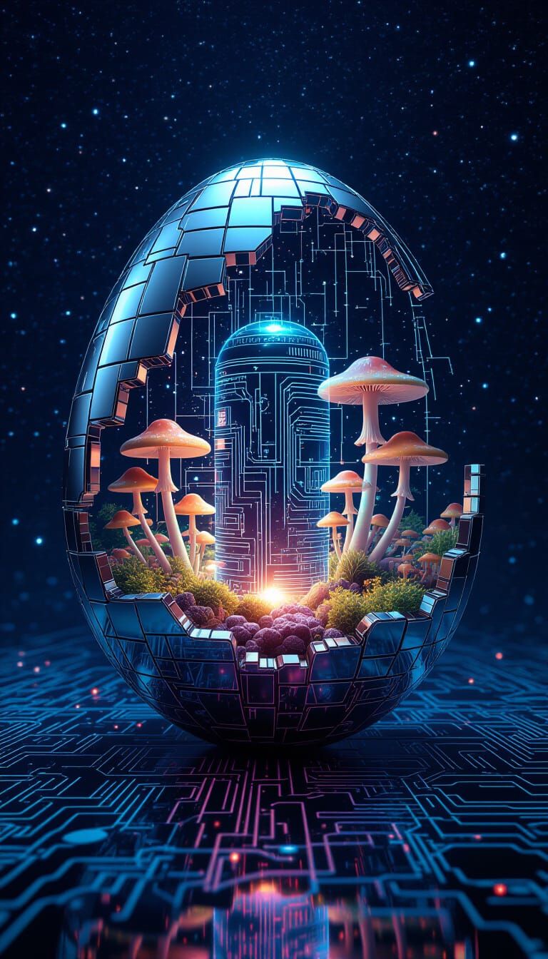 Cracked Egg Spacestation Ecosystem in Glitchcore Vector Art