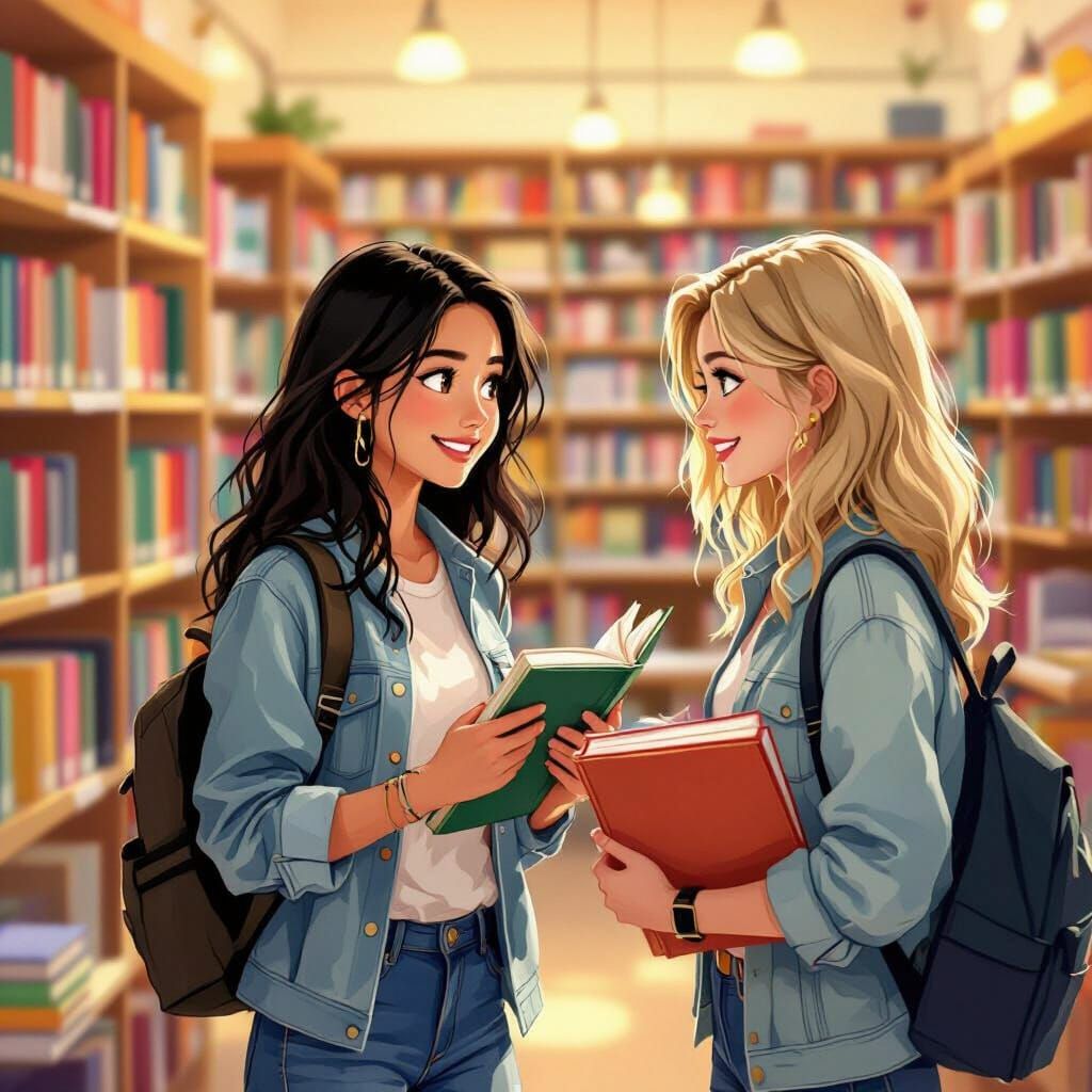 Vibrant School Library Scene in Digital Painting Style