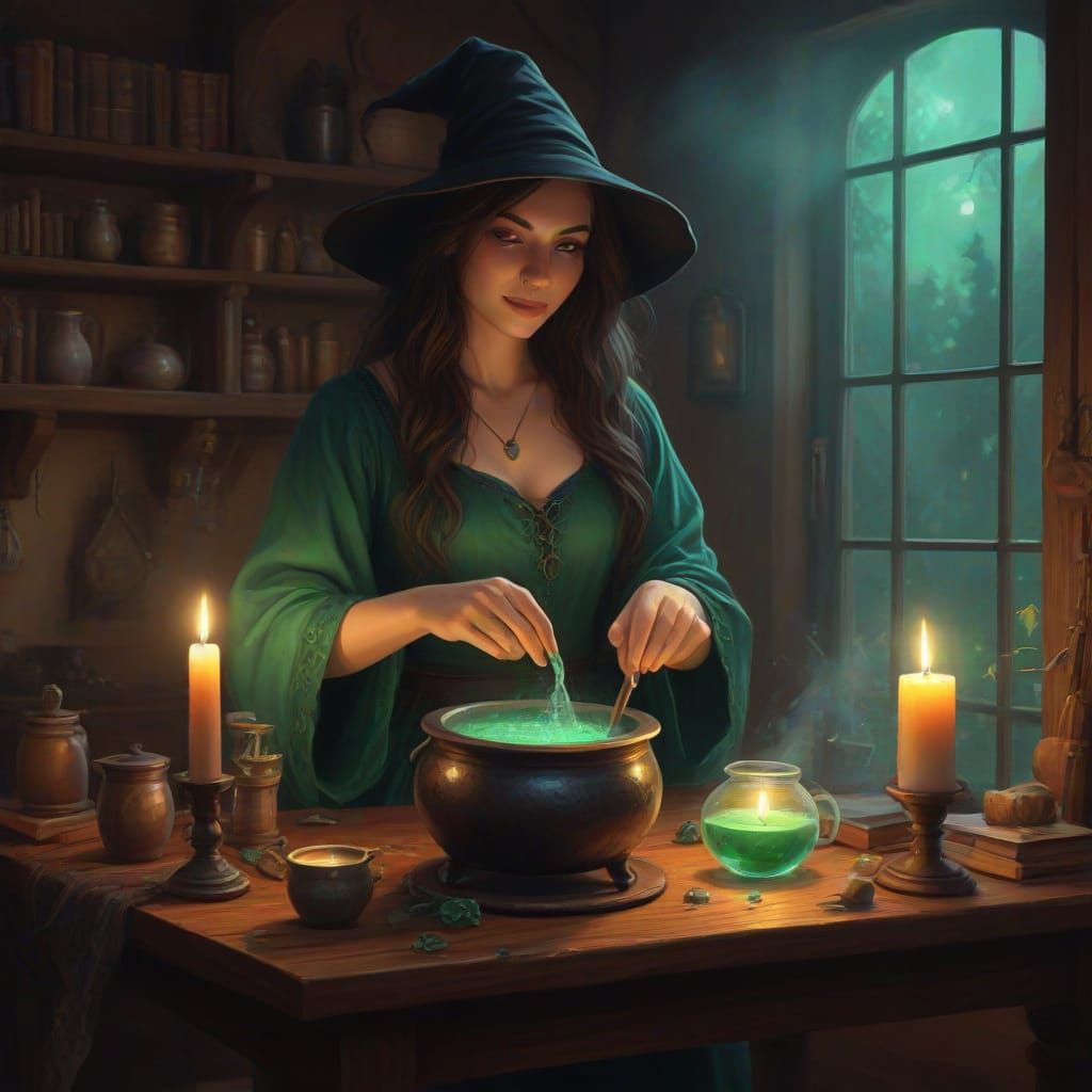 Witch Brews Glowing Emerald Potion in Cozy House
