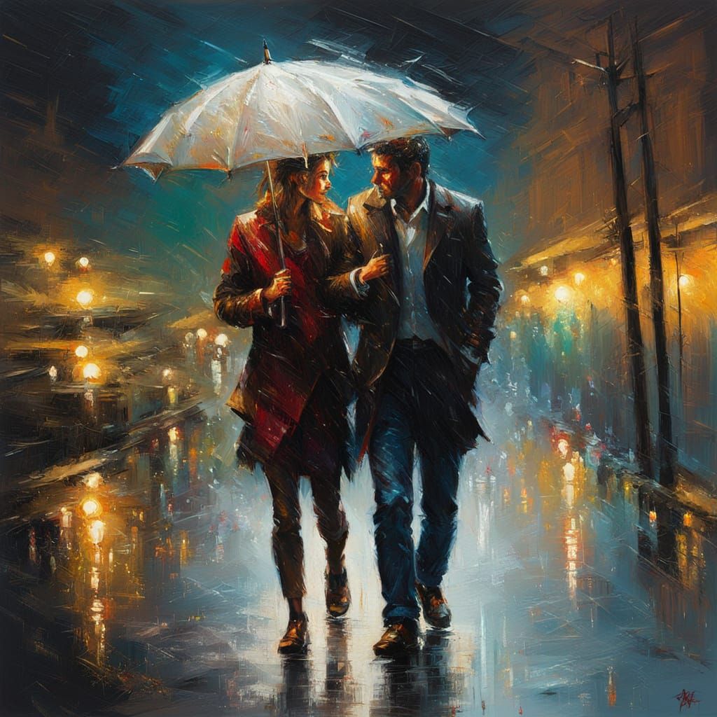 Couple walking under umbrella in a rainy night