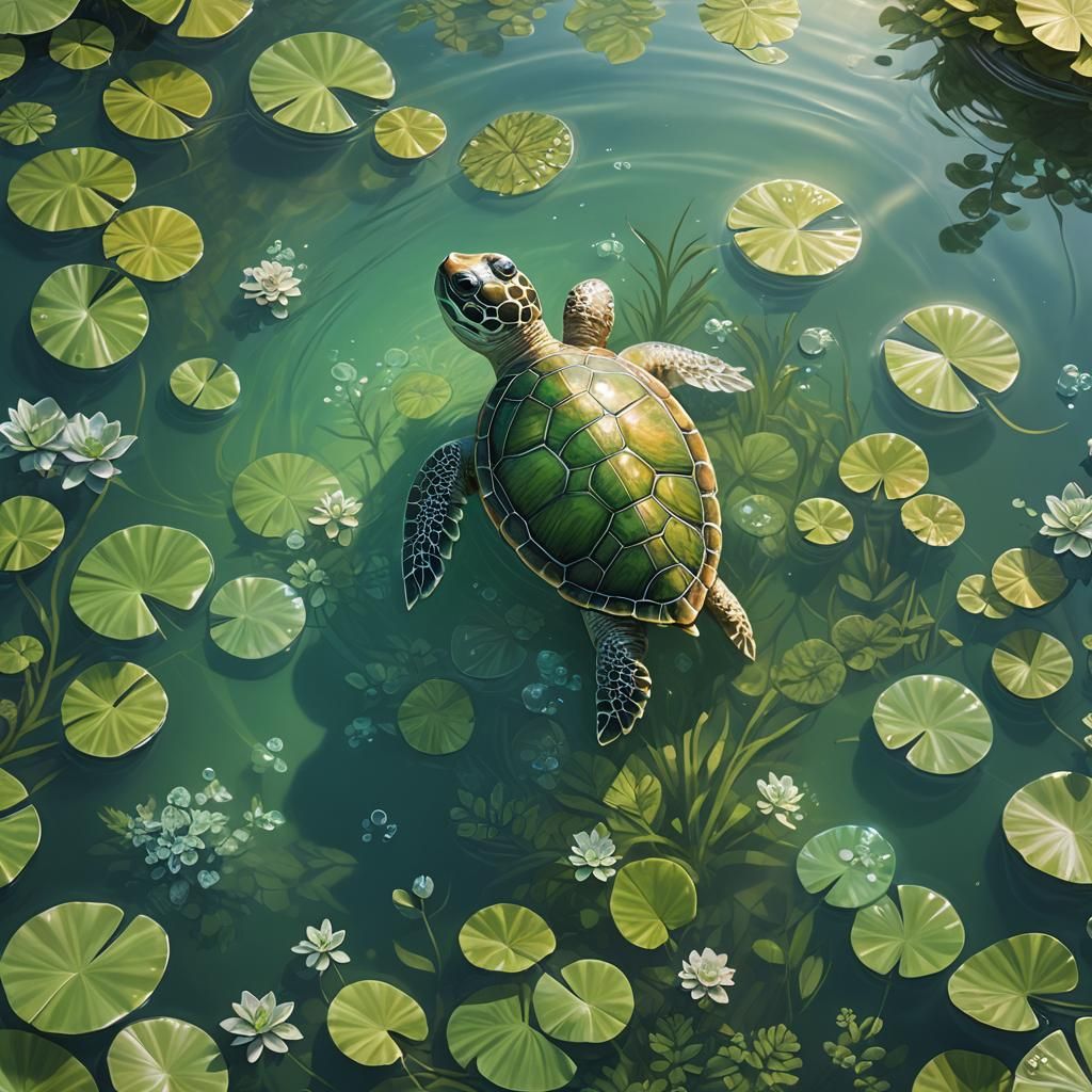 Adorable Baby Turtle in Serene Lake: Fantasy Art