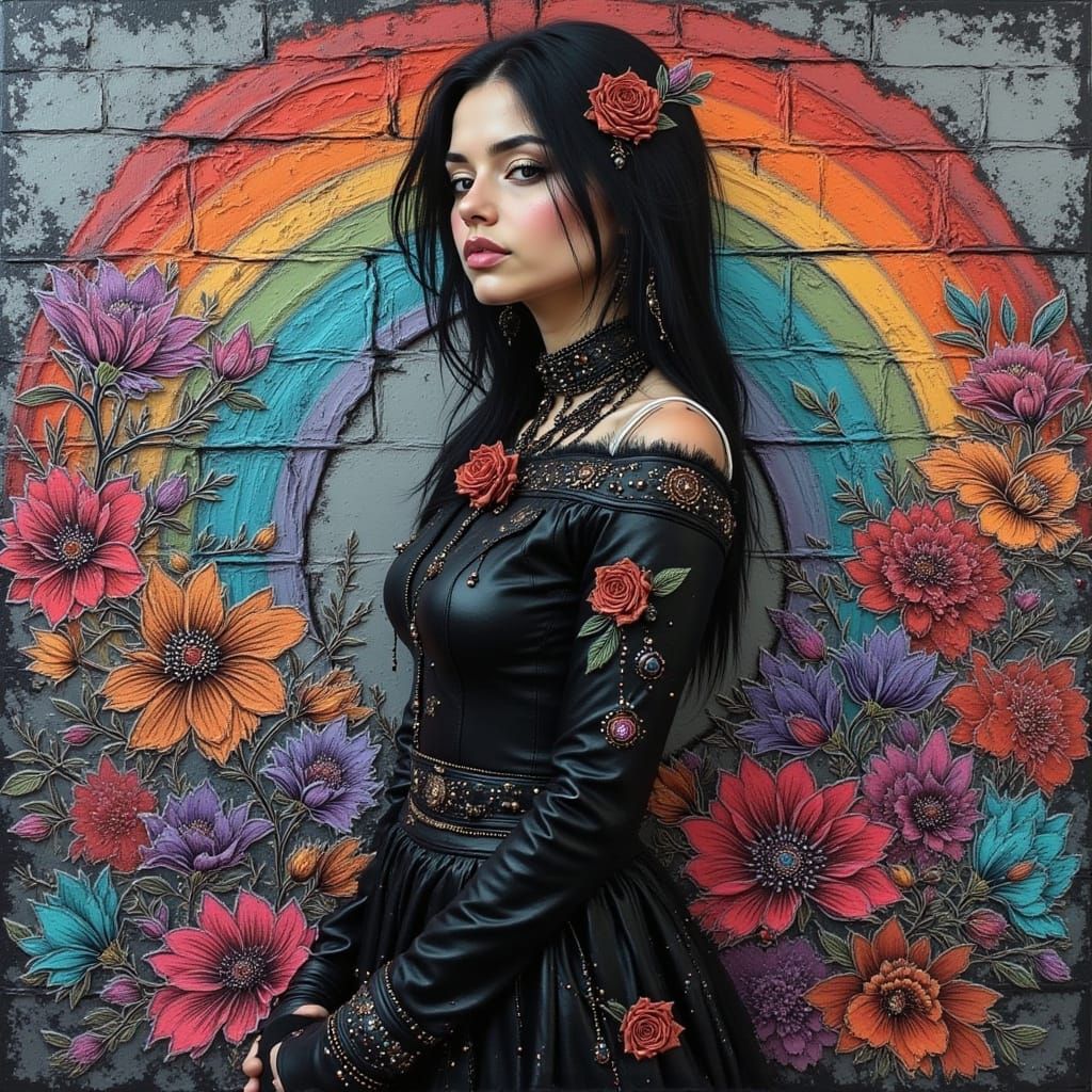 Renaissance Woman with Gothic Floral Graffiti