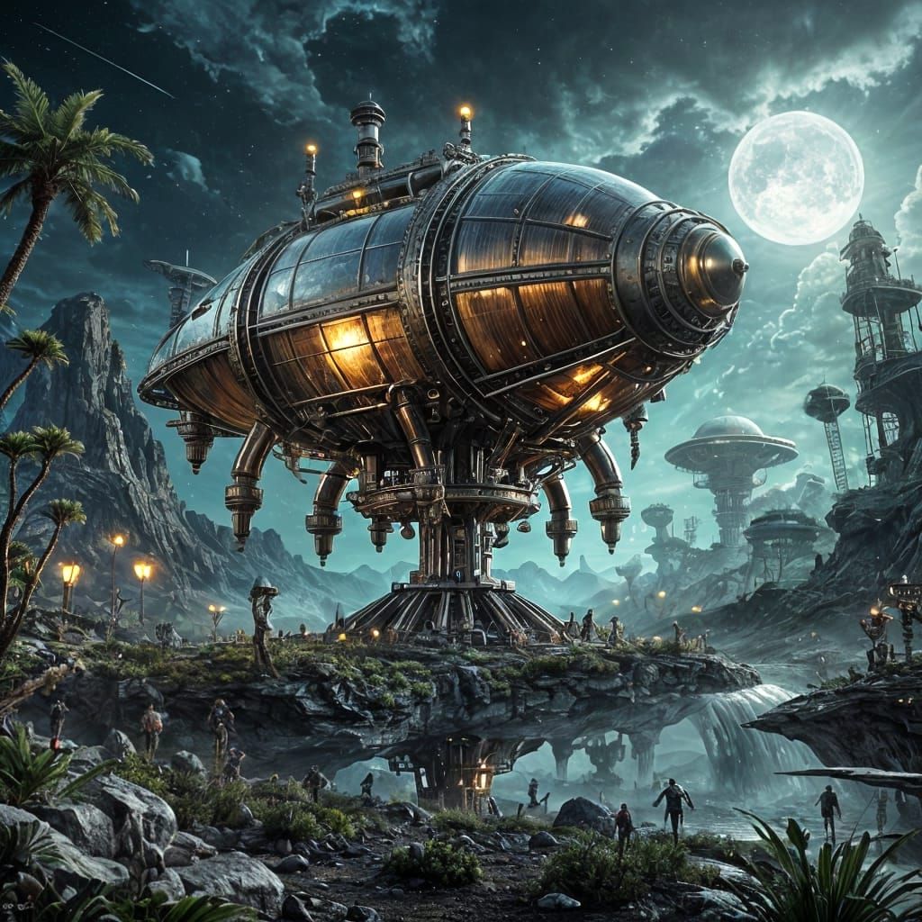 Steampunk Rocket Landing on Lush Alien Planet