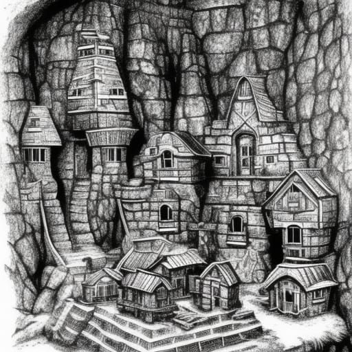 Monochrome Drawing of a Detailed Underground Dwarf Fortress