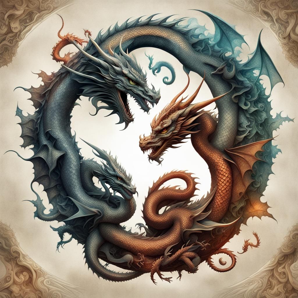 Yin and Yang Dragons in Dreamcore Silhouette Art