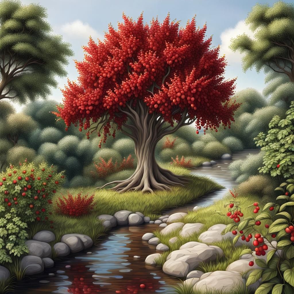 Hyperrealistic Tree with Red Fruits in Wild Garden
