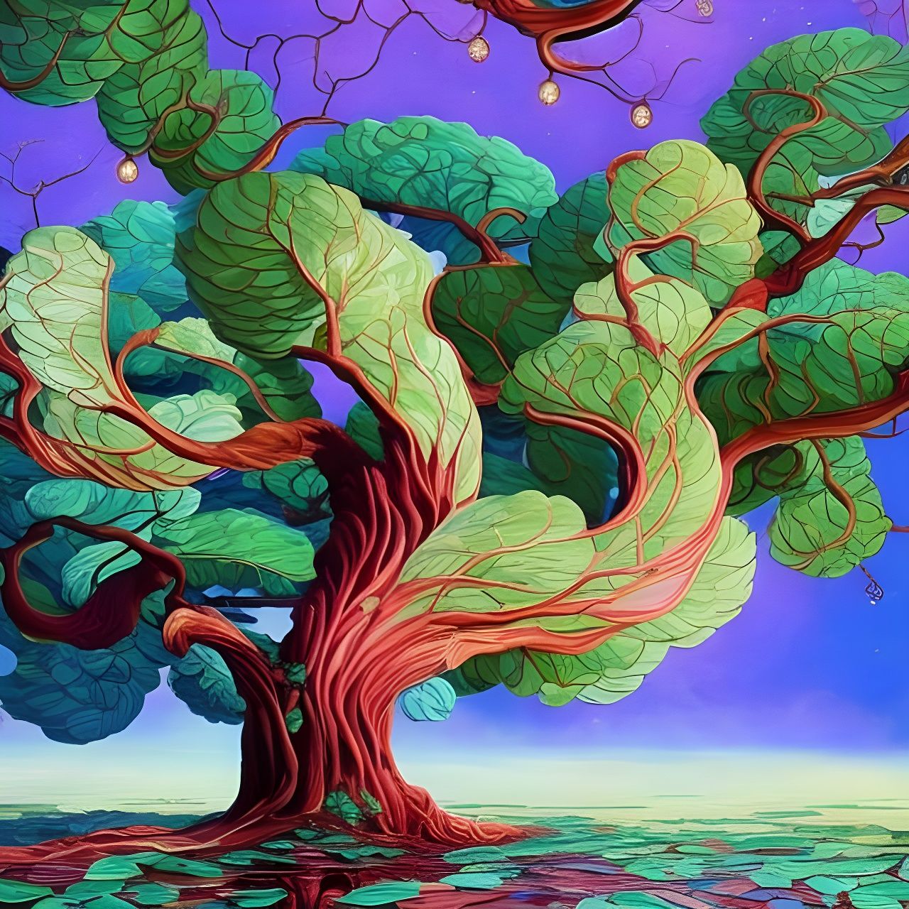 Swirling Green Leaf Tree in Japanese Art Style