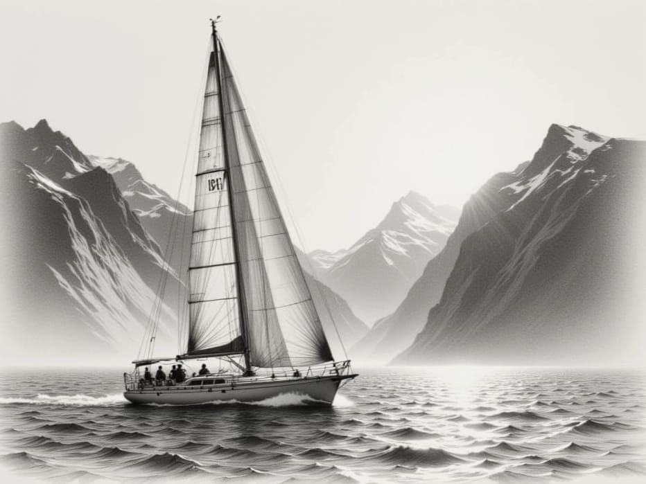 Charcoal Yacht Sketch on Alaskan Fjord at Sunrise