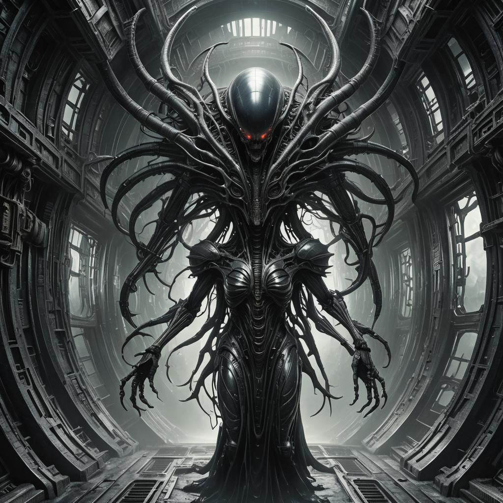 Alien Queen Reaching Out in Dystopian Vault