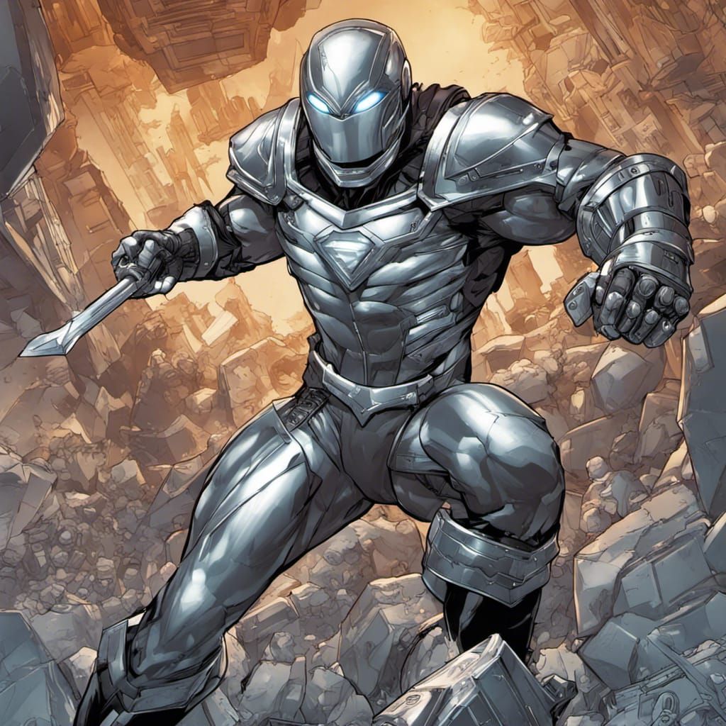 Silver Armored Superhero with Hammer in Comic Book Style