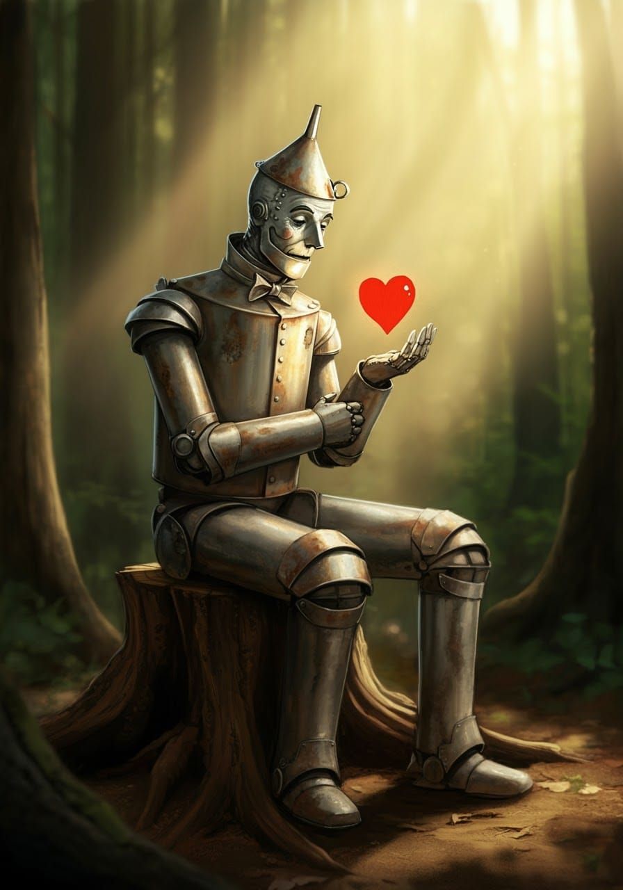 Tin Man Contemplates Cartoon Heart in Forest