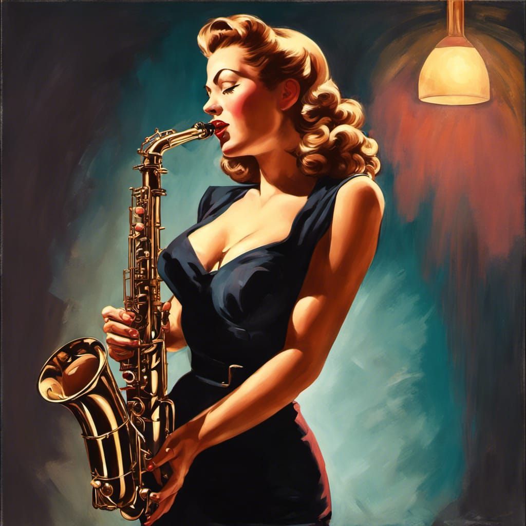1940s Pinup Girl Saxophone Player in Spotlight