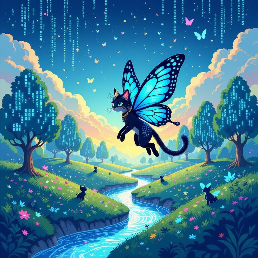 Whimsical Digital Landscape with Cat Fairy and Data Trees