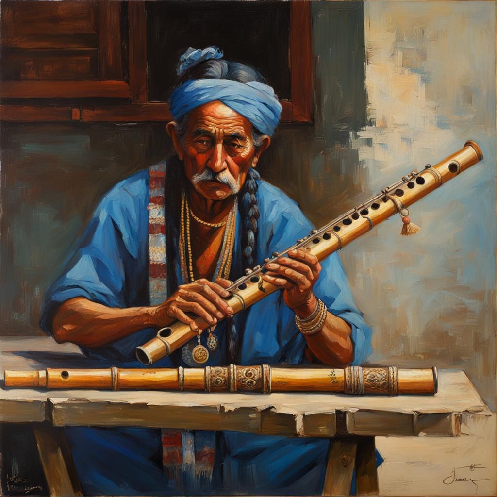 Indian Bamboo Flute on Table, Oil Painting