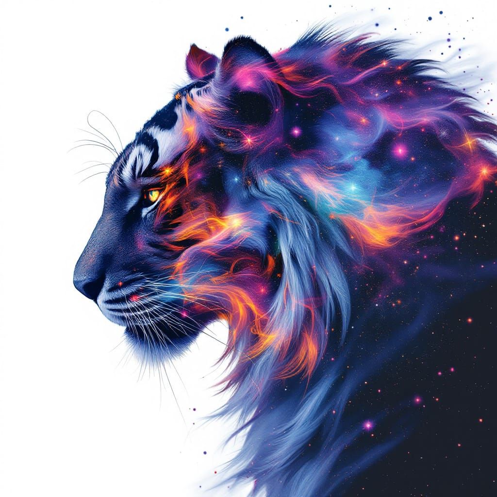 Cosmic Tiger Silhouette in Ethereal Double Exposure