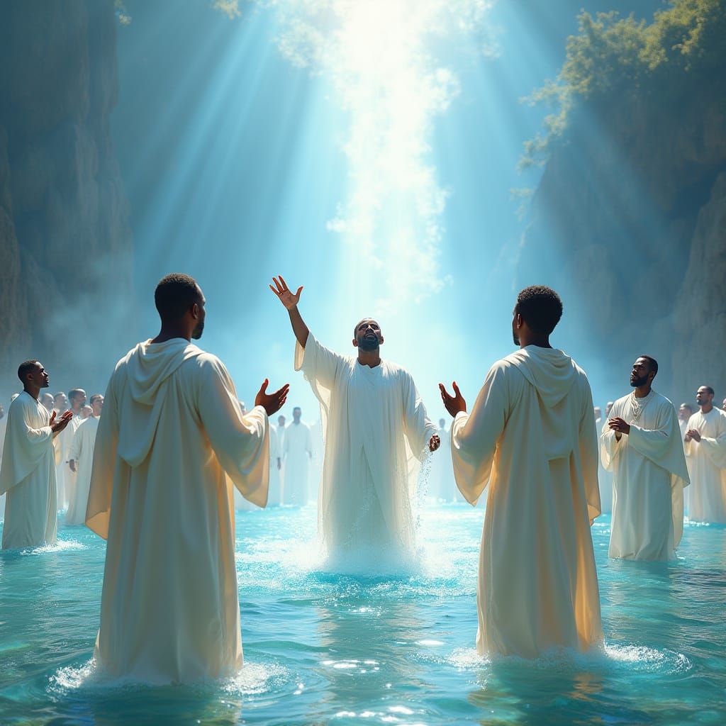 Four Men in White robes stand at the River's Edge, facing th...