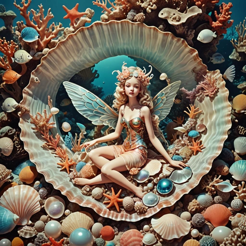 Winged Nymph in Seashell: Retro 3D Surrealism