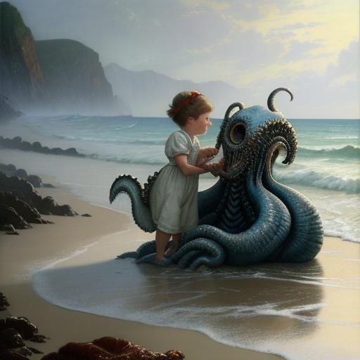 Toddler's Unusual Beach Discovery: Ethereal Fantasy Art