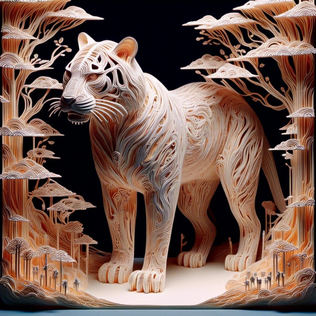 Paper-Cut Tiger in Kirigami Landscape