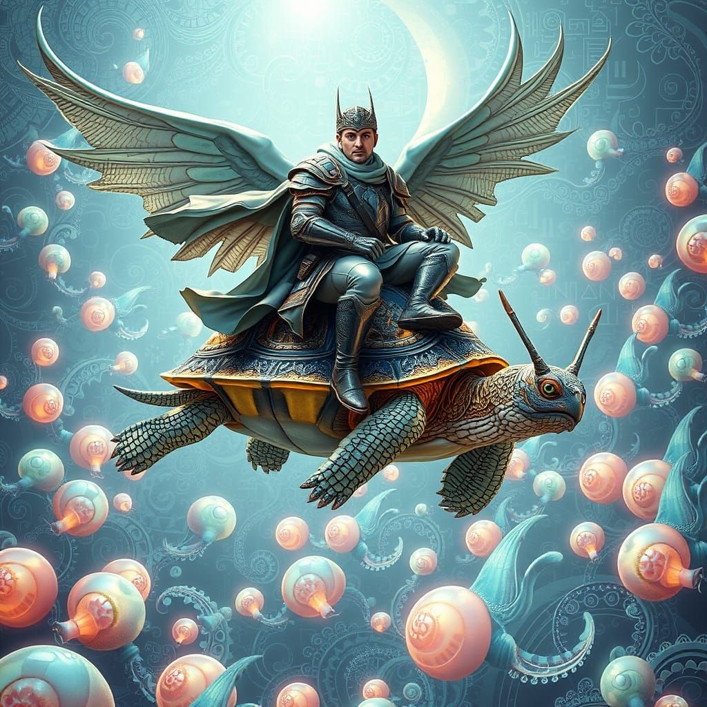 WARRIOR ON A FLYING TORTOISE (with snail-like feelers)