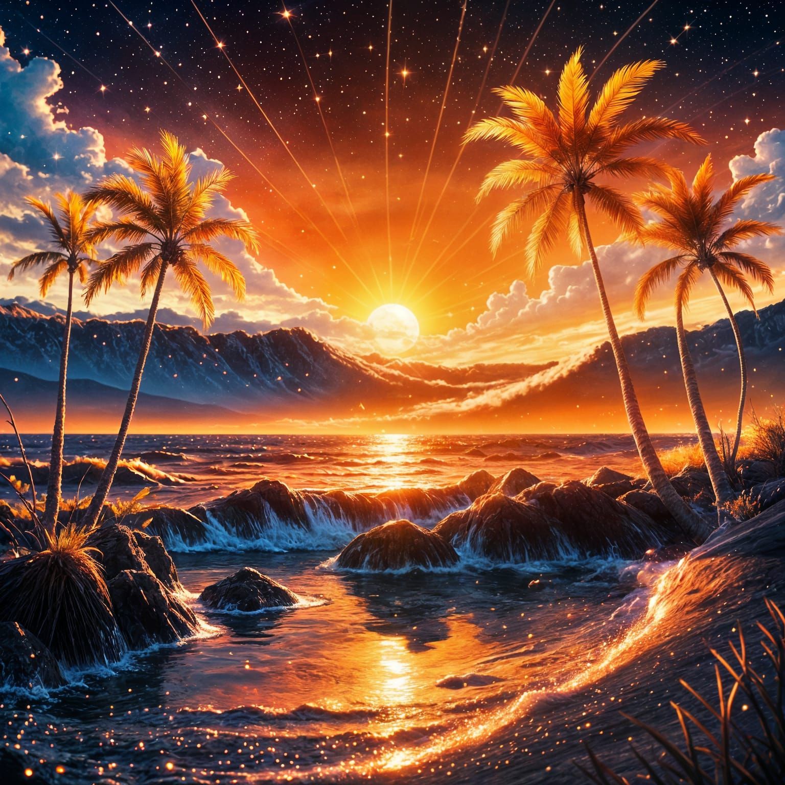 Amazing Orange Sunset with Magical Sparkles