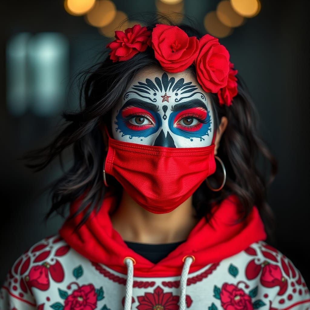 Modern Catrina Portrait with COVID Mask and Hoodie