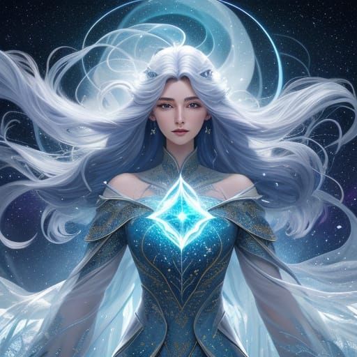 Ethereal Woman and Galaxy on Crystalline Mountain
