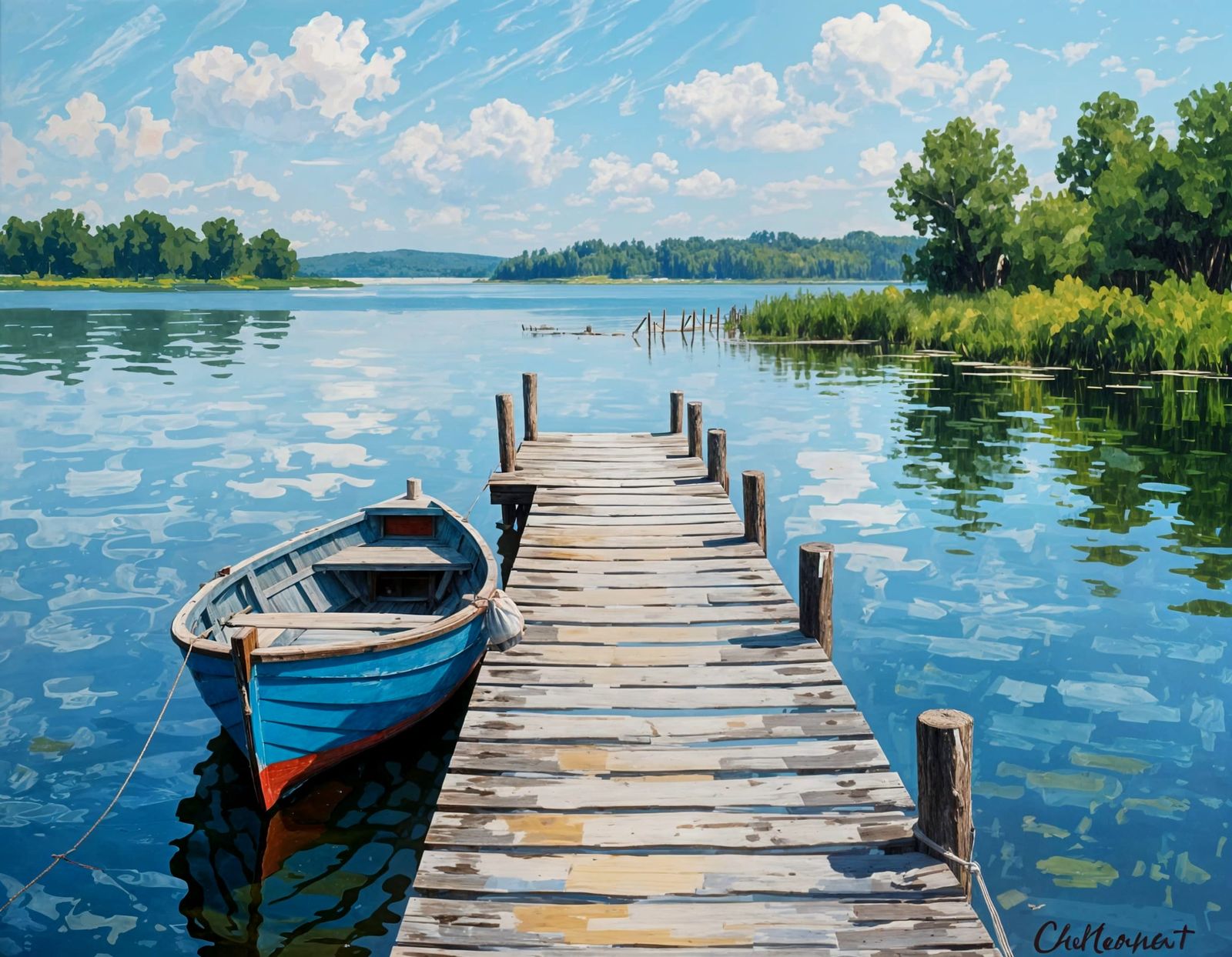 Aerial View of Wooden Pier and Boat on Lake