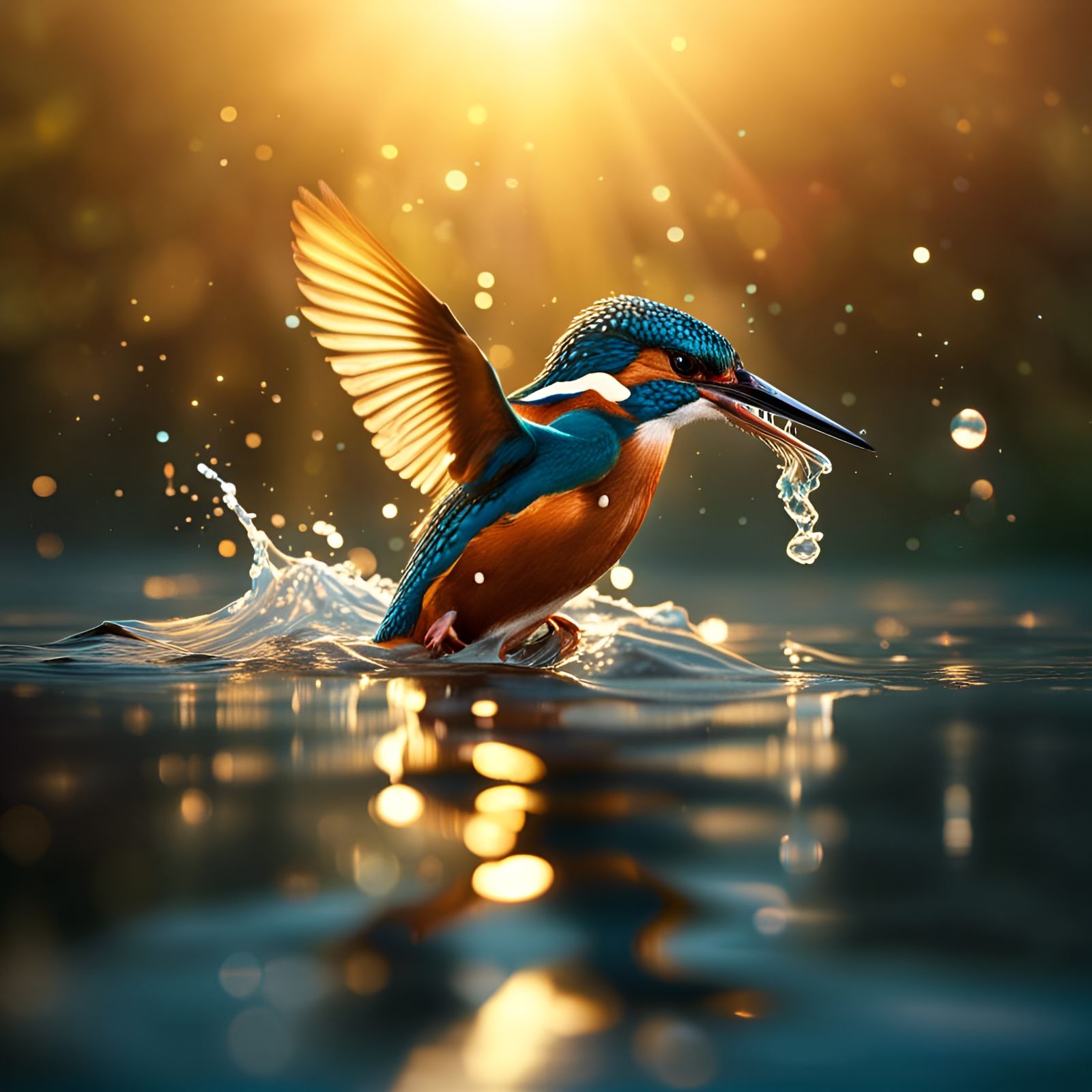 Kingfisher Diving for Fish in Golden Light
