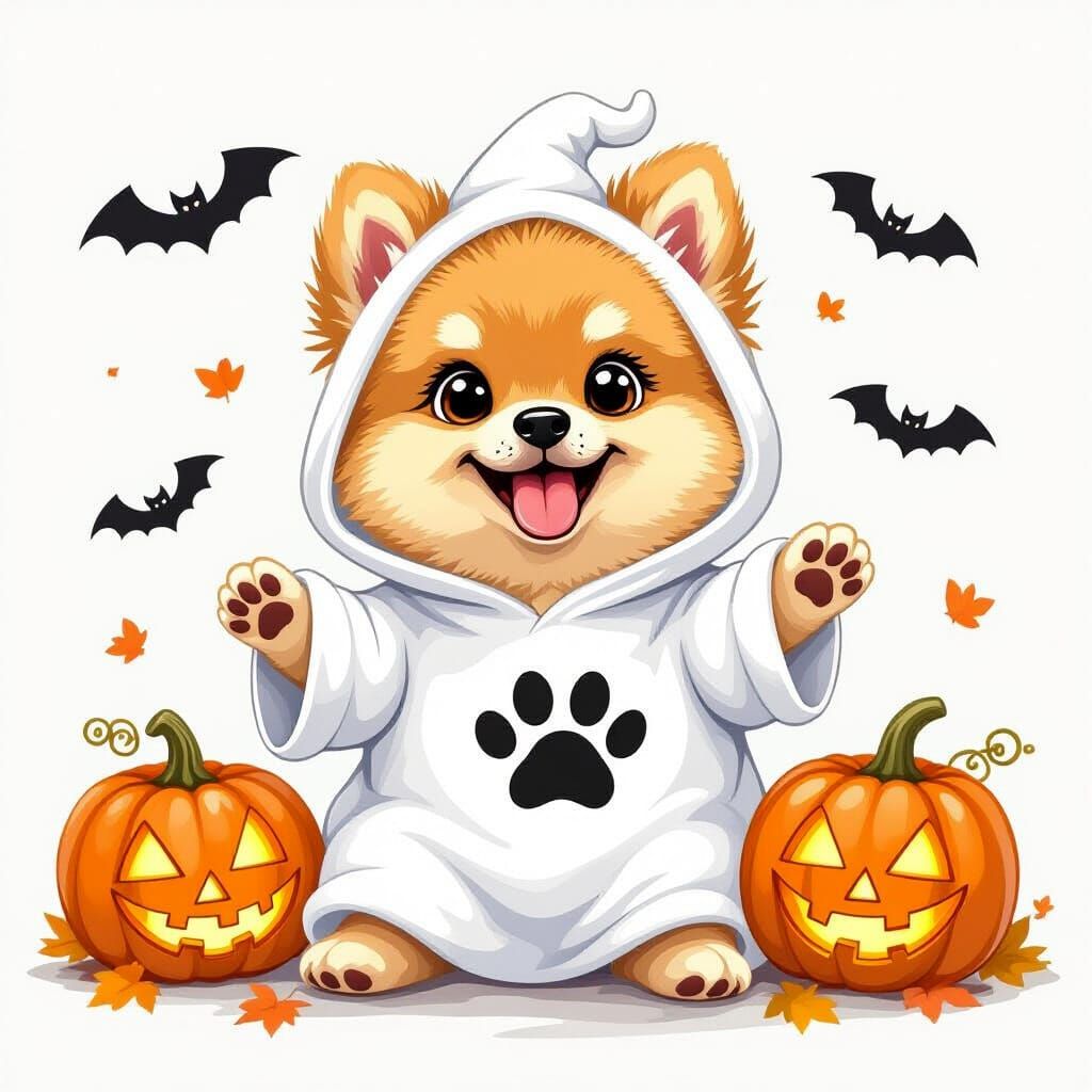 Happy Pomeranian Puppy in Ghost Costume for Halloween