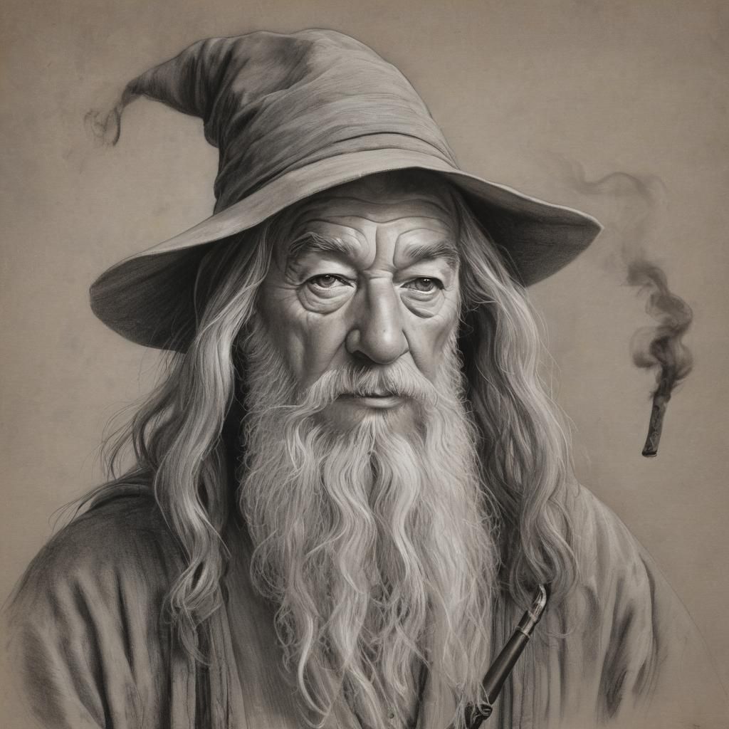 Gandalf Portrait in Charcoal with Smoke and Staff